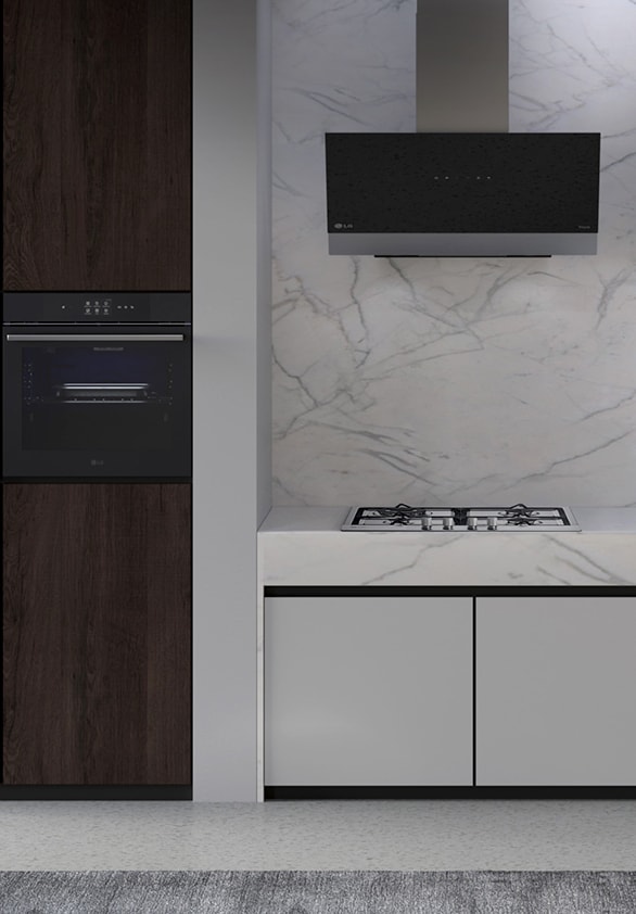 A kitchen with the LG built-in gas hob, oven and hood installed.