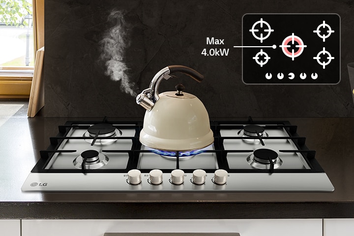It is an image of water boiling with the strong firepower of LG gas hob. The center burner for maximum firepower is highlighted.