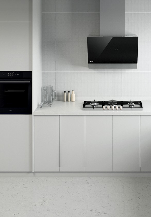 This is an image of the kitchen interior with LG built-in oven, hood, and gas hob installed.