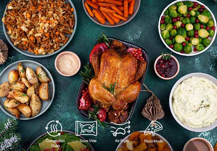 This is an image of steamed chicken breasts, air-fried chicken wings, cookies, and air sous vide steak on the table. Icons representing ProBake convection, air sous vide, air fry, and ProBake steam functions are also included below.