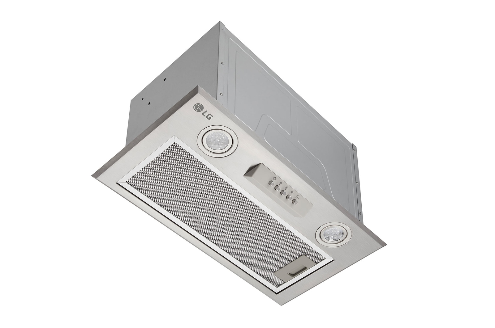 Half-side angled bottom view of a built-in hood.