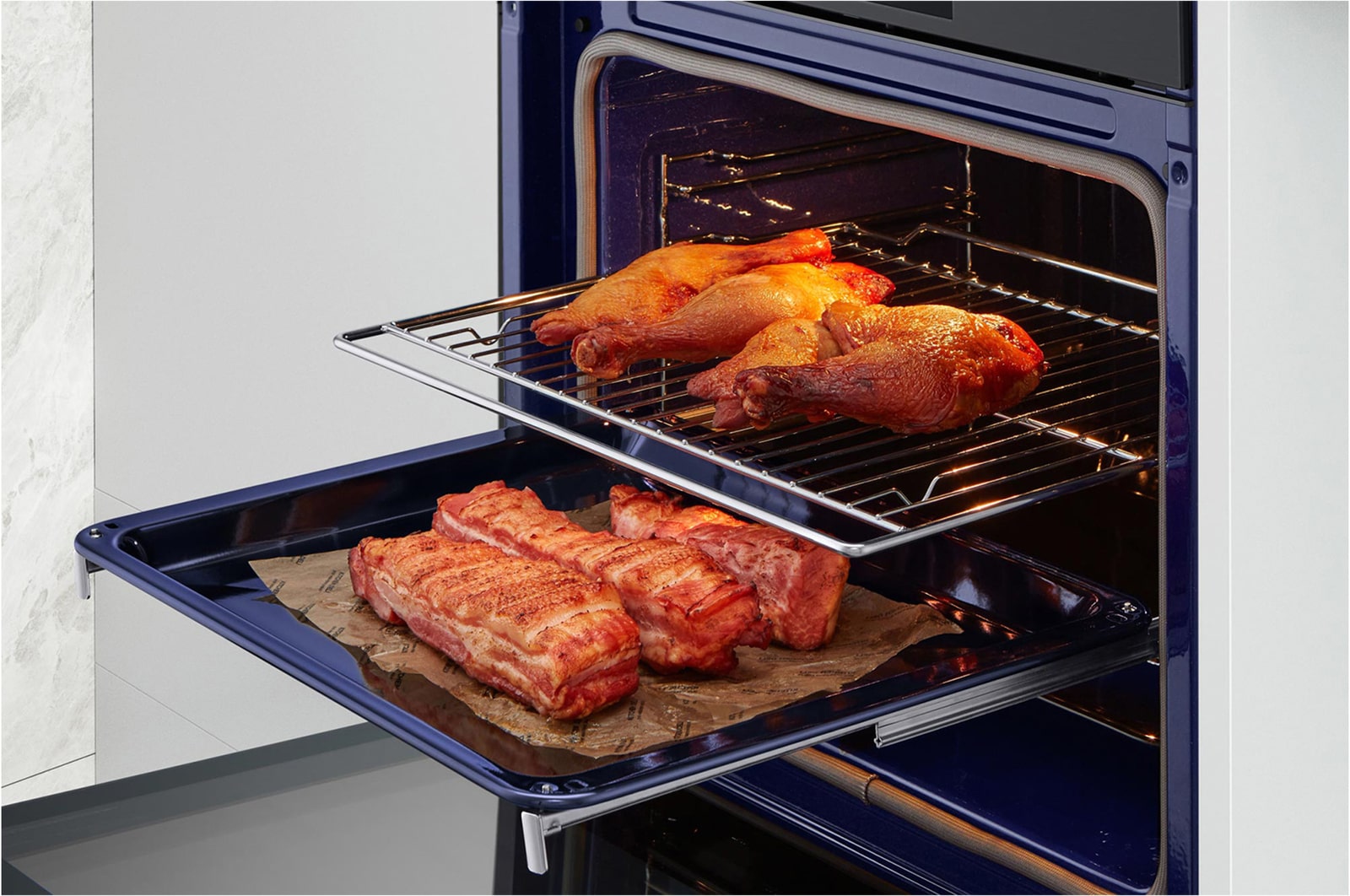 oven chamber detailed view with food