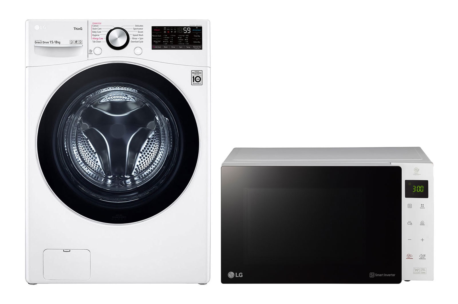 Front view of 15 kg Washer with 8 kg Dryer Front Load washing Machine, White Colour, AIDD, Washer and Dryer In One, Turbo Wash, Steam, Add Item, Inverter Direct Drive, Smart Diagnosis, ThinQ™ + 25 Liter | NeoChef Microwave Oven | Smart Diagnosis | Smart Inverter WS1508W.MS2535G