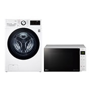 Front view of 15 kg Washer with 8 kg Dryer Front Load washing Machine, White Colour, AIDD, Washer and Dryer In One, Turbo Wash, Steam, Add Item, Inverter Direct Drive, Smart Diagnosis, ThinQ™ + 25 Liter | NeoChef Microwave Oven | Smart Diagnosis | Smart Inverter WS1508W.MS2535G