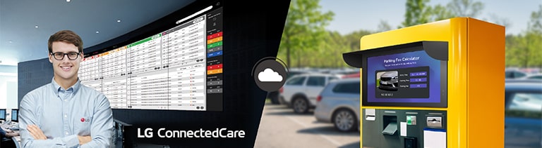 The LG employee is remotely monitoring the 22XE1J series installed in a different place by using cloud-based LG monitoring solution.