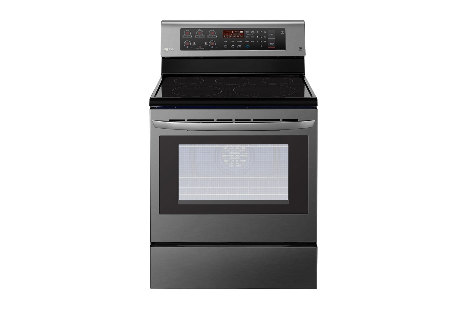 Front view of LG 8300W Electric Oven, EasyClean for easy cleaning and hygienic heat distribution, 6.3 cubic feet (178 liters), blue interior, safe touch, cooking and heating, ®baking &#43; grill with thermal distribution LRE3193BD