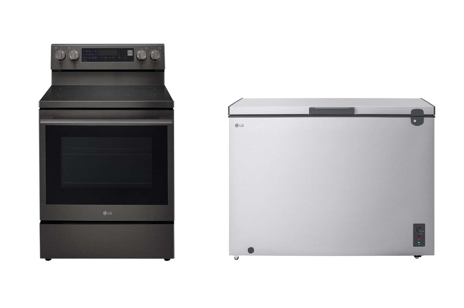 Front view of LG Electric Range, 5 Ceramic Hobs, 172Liter, Air Fry, Easy Clean, InstaView, Smart ThinQ, Black Stainless Steel + 1.8 Cu.Ft Top Freezer Refrigerator, Prime Silver color LREN6325ZE.LC7G001
