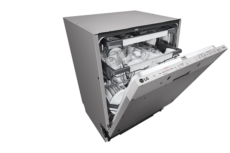 منظر جانبي لغسالة أطباق مع فتح الباب وضبط ارتفاع الرف على مستوى عالٍ