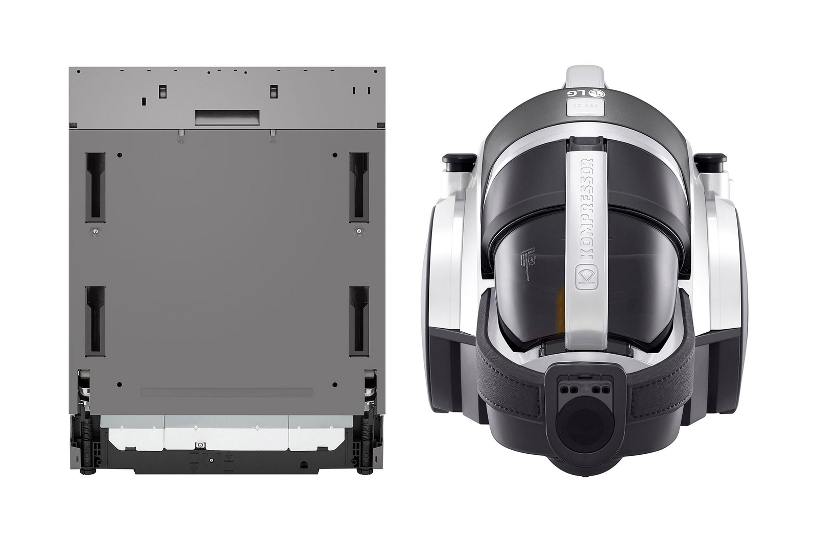 Front view of 14 Places Built -In Dishwasher | Inverter | Arabic Display only + LG Canister Vacuum Cleaner, 1800W, 1.2L Dust Bin, Sparkle Silver DBC435TSL.VK7317