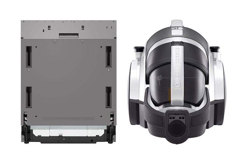Front view of 14 Places Built -In Dishwasher | Inverter | Arabic Display only + LG Canister Vacuum Cleaner, 1800W, 1.2L Dust Bin, Sparkle Silver DBC435TSL.VK7317