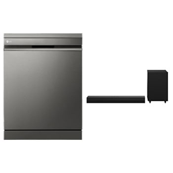 Front view of 14 Places Dishwasher |TrueStream™ | QuadWash™ | EasyRack™ Plus | Inverter Direct Drive | SmartThinQ™ + LG Soundbar S30A with WOW Orchestra and WOW Interface DFC335HD.S30A001