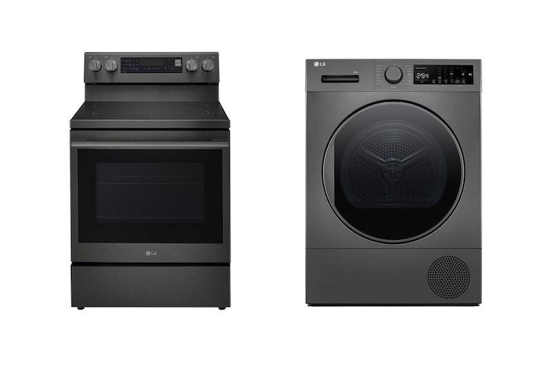 Front view of LG Electric Range, 5 Ceramic Hobs, 172Liter, Air Fry, Easy Clean, InstaView, Smart ThinQ, Black Stainless Steel+8Kg Dryer | Heat Pump Dryer | Sensor Dry LREN6325ZE.RH81001