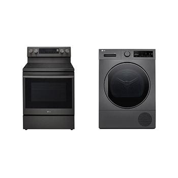 Front view of LG Electric Range, 5 Ceramic Hobs, 172Liter, Air Fry, Easy Clean, InstaView, Smart ThinQ, Black Stainless Steel+8Kg Dryer | Heat Pump Dryer | Sensor Dry LREN6325ZE.RH81001