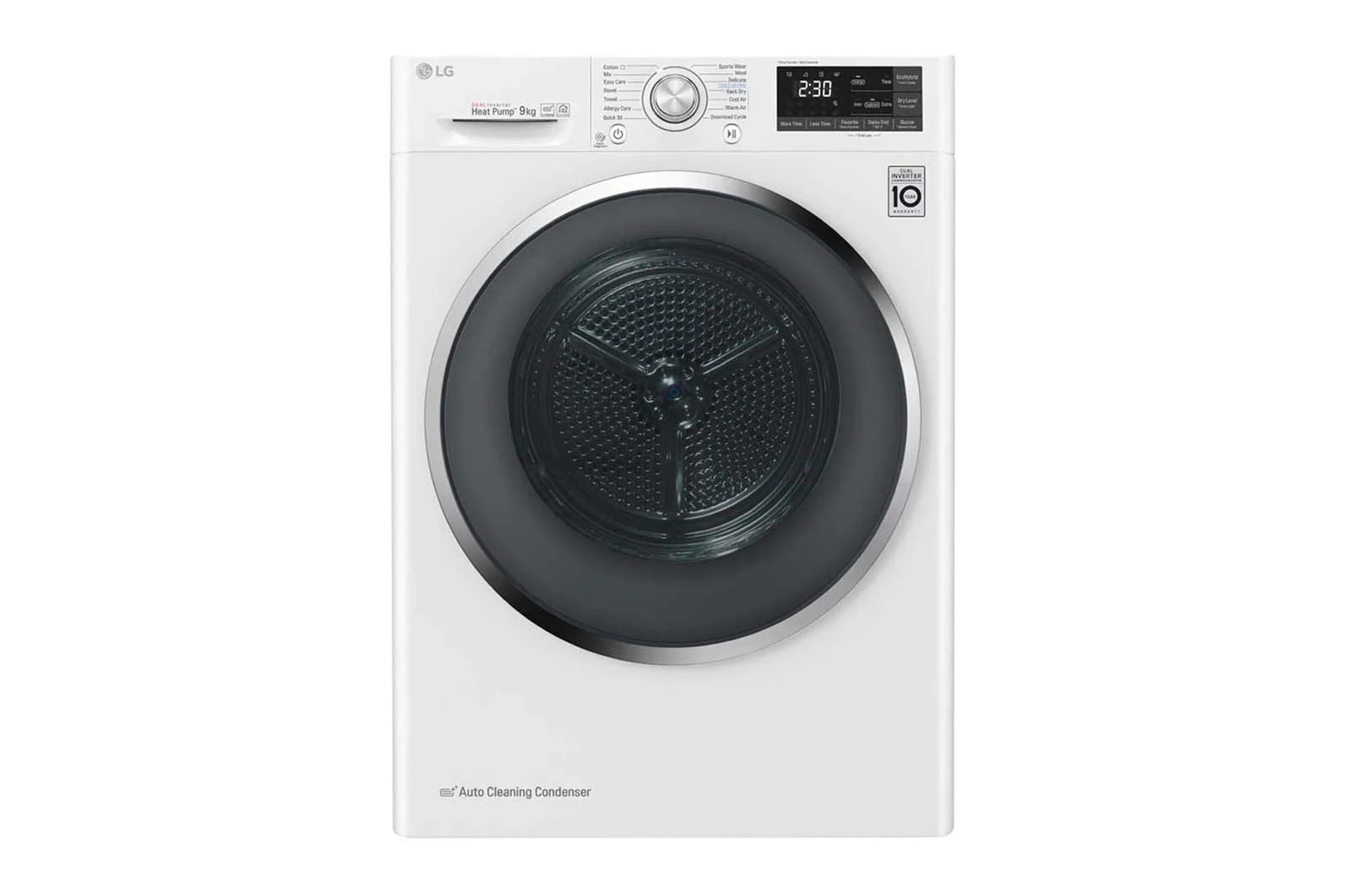 Front view of 9Kg DUAL Inverter Dryer, sensor dry, Allergy care, Drum care, White color, ThinQ (Wi-Fi) RC90V9AV2W