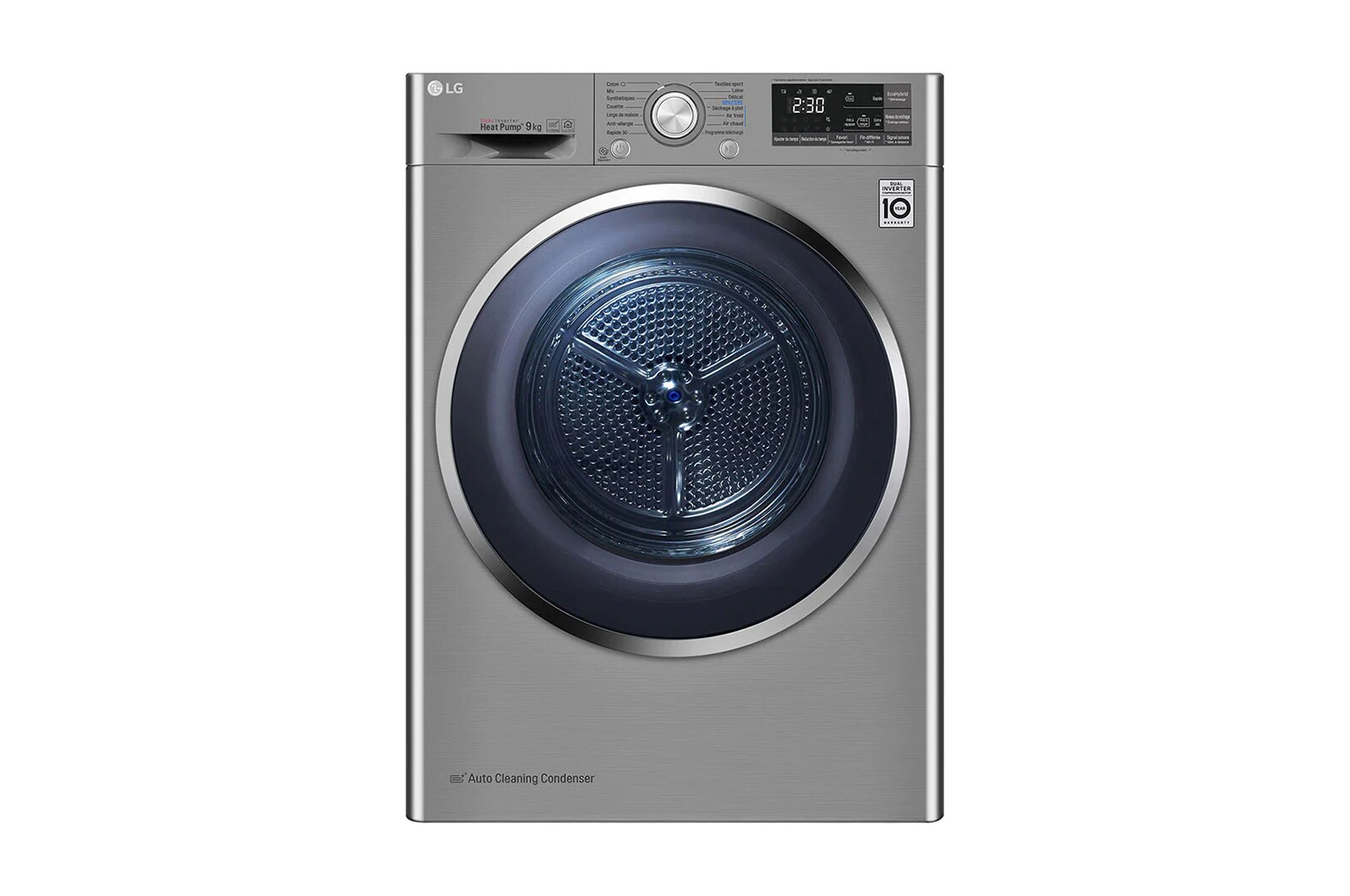 Front view of 9Kg DUAL Inverter Dryer, sensor dry, Allergy care, Drum care, Silver color, ThinQ (Wi-Fi)  RC90V9EV2W