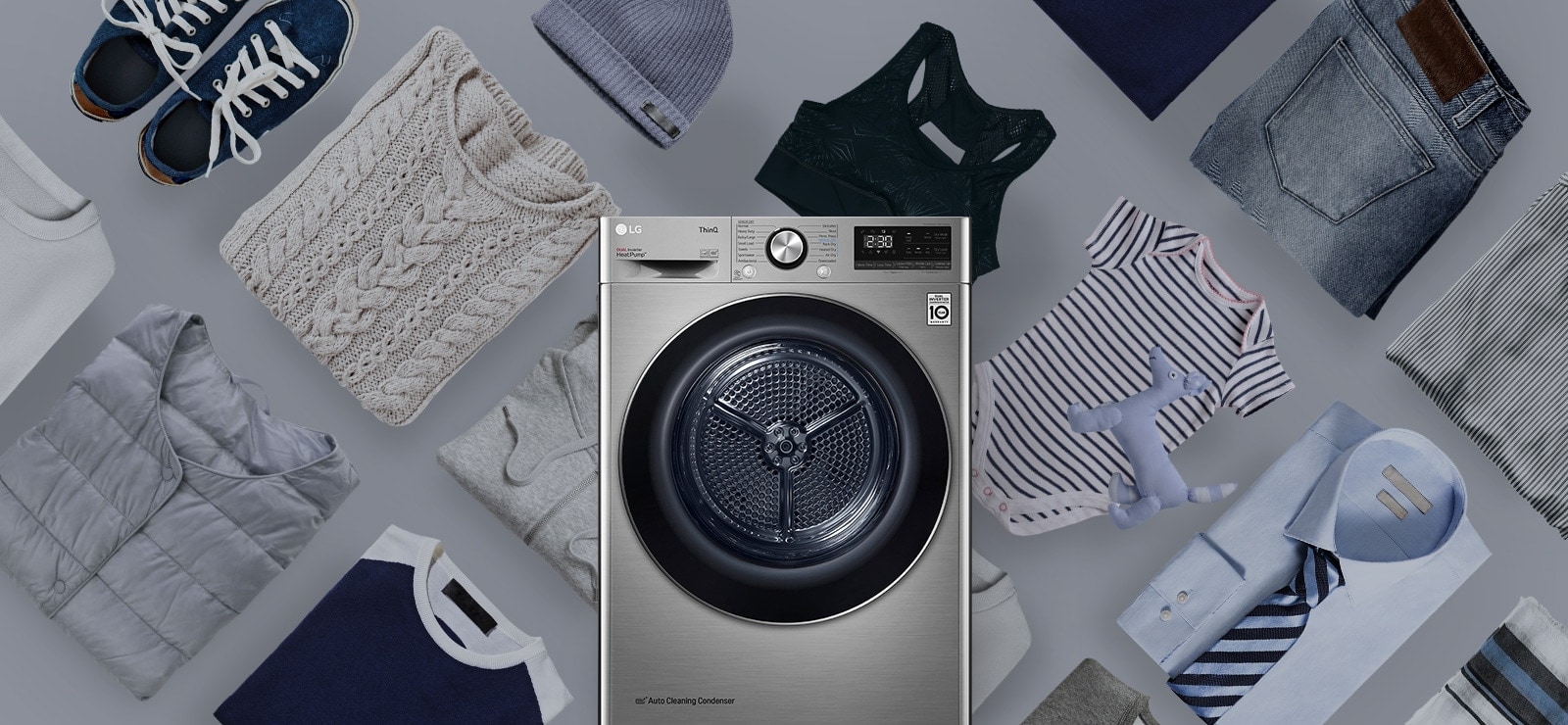 Three icons at the top indicate there are three images in a carousel. The second icon, labelled "Various Cycle", is red. There is a dryer in the middle of the image, and a various fabrics behind the back.