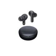 Image with earbuds floating over a closed cradle. 
