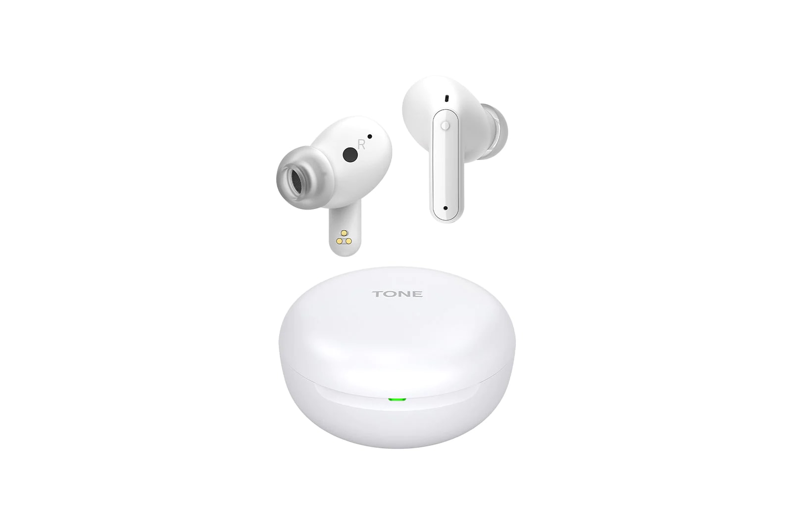 Image with earbuds floating over a closed cradle. 