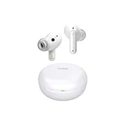 Image with earbuds floating over a closed cradle. 
