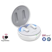 A 15 degrees angle of cradle opened up with mood lighting on and UVnano and Plug&wireless logos