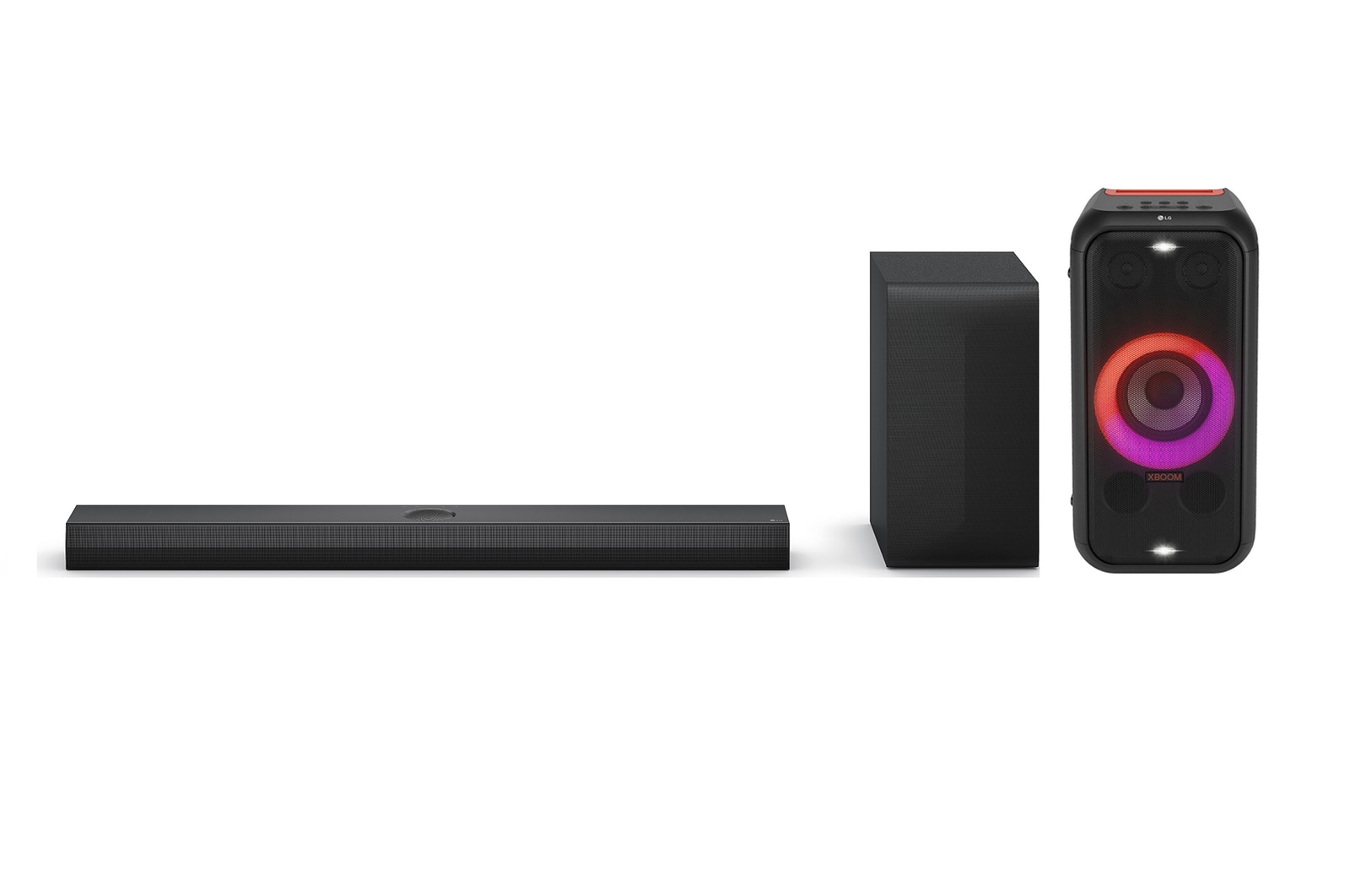 Front view of LG Soundbar for TV with Dolby Atmos 3.1.1 channel S70TY LG 2023 XBOOM XL5S Party Speaker with Bluetooth S70TY.XL5