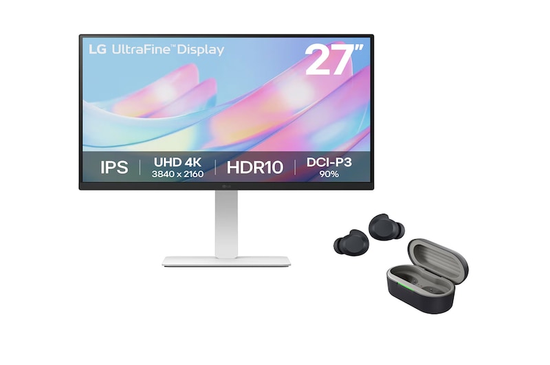 Front view of 27" 4K UHD UltraFine™ IPS monitor + LG XBOOM Buds by will.i.am | Bluetooth Earbuds | xboom Signature Sound with Graphene Driver 27US550-W.BUDS