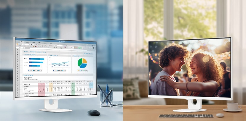 A photo showcasing LG Smart Monitors in a office and home.	