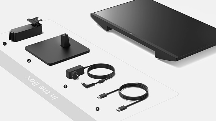 Stand body,  Stand base, Adapter+Power cord and HDMI cable in the box.
