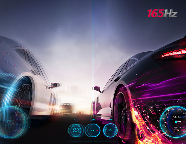 It is a comparison image of a fast-paced game with a low refresh rate and a clear image with 165 high refresh rate.