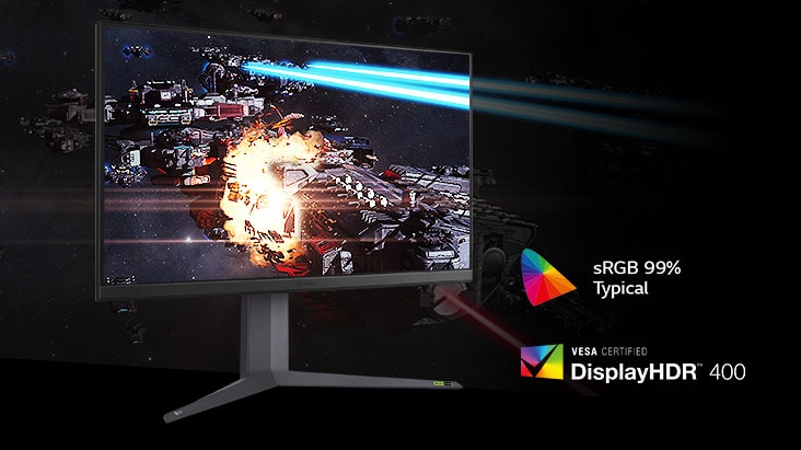It is a gaming scene displayed on the monitor with rich colors and contrast, supporting sRGB 99% (Typ.) and VESA DisplayHDR™ 400.