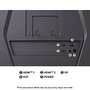 Rear view of the LG UltraGear™ Monitor 27G610A, illustrating the rear port area and the HDMI™ 2.0 and DisplayPort 1.4 connections.