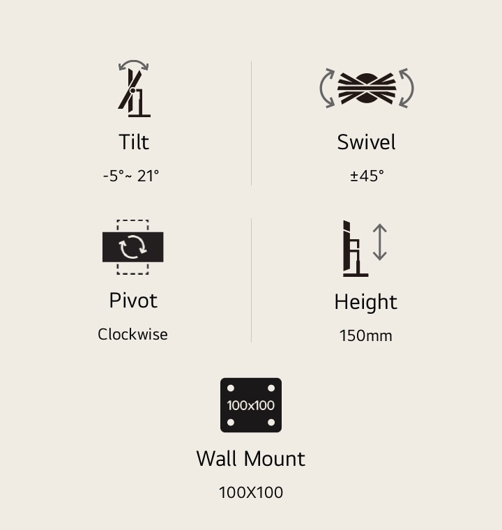 Tilt, swivel, pivot, height adjustable icons, and 100x100 wall mount icon.