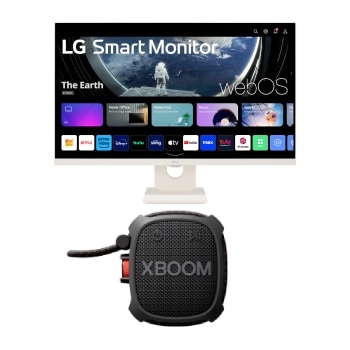 Front view of 27" Full HD IPS Smart Monitor with webOS + Portable Bluetooth speaker LG XBOOM Go XG2TBK Military Grade & 10-Hour Battery 27U511SA-W.XG2T001