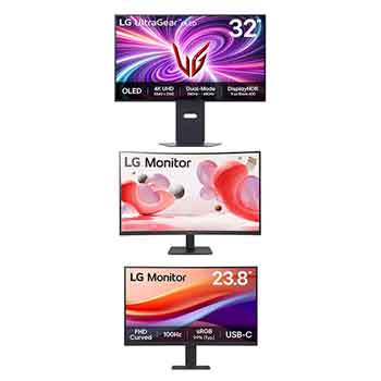Front view of LG 32'' UltraGear™ Dual-Mode OLED gaming monitor, 2024 + 31.5" Full HD Curved monitor with AMD FreeSync™ + 23.8” FHD Curved Monitor with USB-C 32GS32MR.24U421