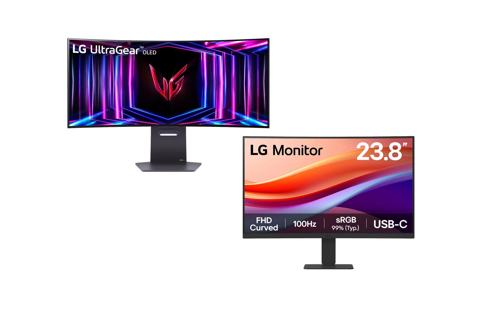 Front view of 34" UltraGear™ OLED all-new 800R curved gaming monitor | 21:9 Ultra-WQHD 240Hz, 0.03ms (GtG), DisplayHDR True Black 400 + 23.8” FHD Curved Monitor with USB-C 34GS95QE-B.24U421