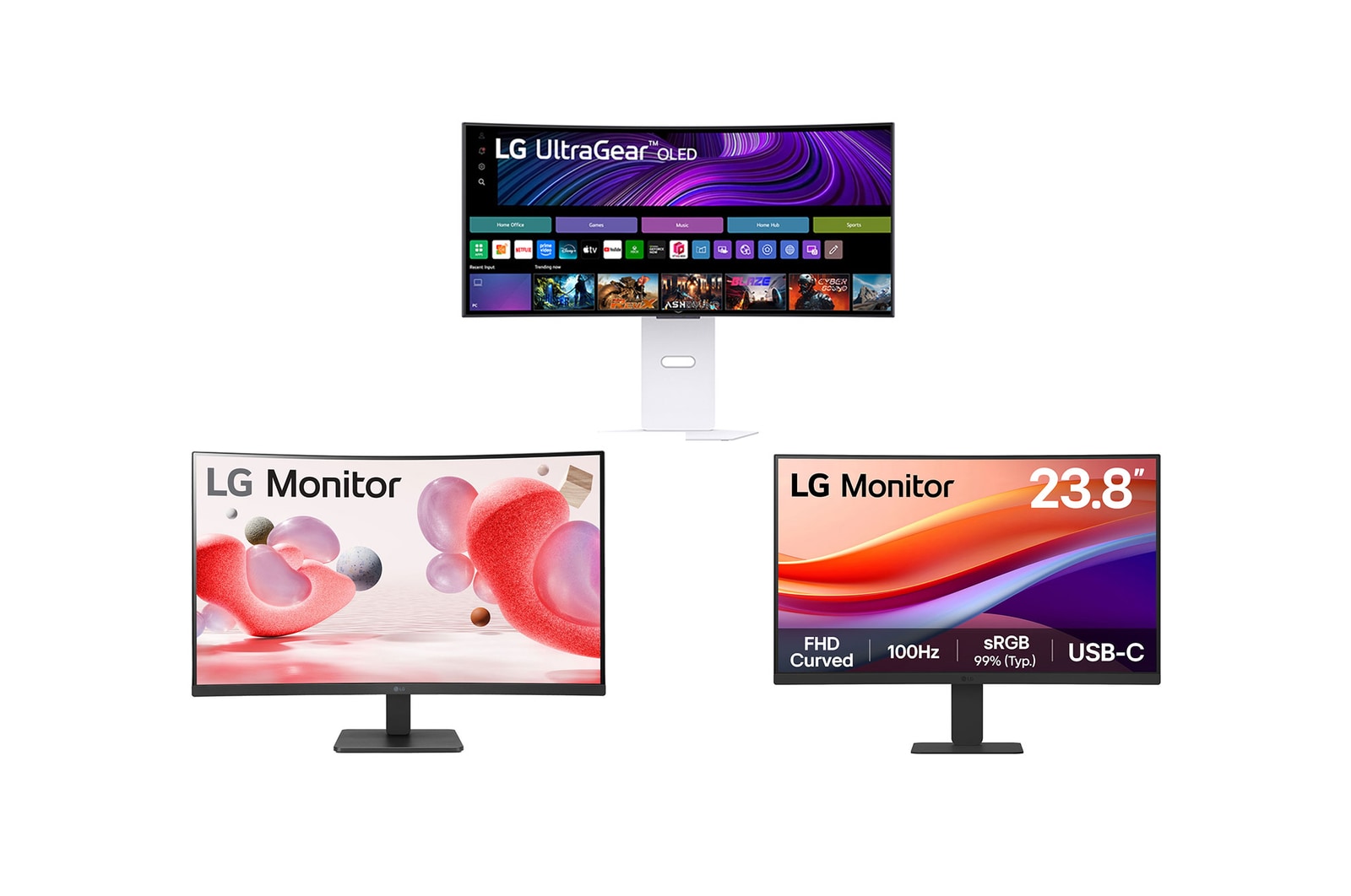 Front view of LG UltraGear™ 34-inch OLED 240Hz WQHD Curved Smart Gaming Monitor | webOS, 0.03ms (GtG), 240Hz, DisplayHDR True Black 400 + 31.5" Full HD Curved monitor with AMD FreeSync™ + 23.8” FHD Curved Monitor with USB-C 34GX32MR.24U42 