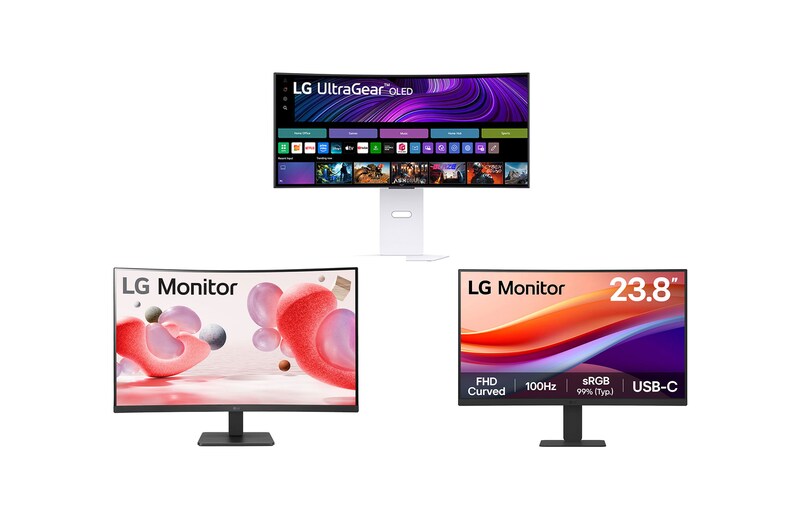 Front view of LG UltraGear™ 34-inch OLED 240Hz WQHD Curved Smart Gaming Monitor | webOS, 0.03ms (GtG), 240Hz, DisplayHDR True Black 400 + 31.5" Full HD Curved monitor with AMD FreeSync™ + 23.8” FHD Curved Monitor with USB-C 34GX32MR.24U42 