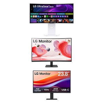 Front view of LG UltraGear™ 34-inch OLED 240Hz WQHD Curved Smart Gaming Monitor | webOS, 0.03ms (GtG), 240Hz, DisplayHDR True Black 400 + 31.5" Full HD Curved monitor with AMD FreeSync™ + 23.8” FHD Curved Monitor with USB-C 34GX32MR.24U42 