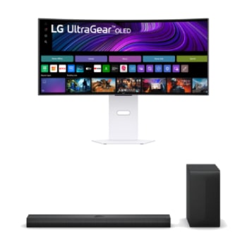 Front view of LG UltraGear™ 34-inch OLED 240Hz WQHD Curved Smart Gaming Monitor | webOS, 0.03ms (GtG), 240Hz, DisplayHDR True Black 400 + LG Soundbar for TV with Dolby Atmos 3.1.1 channel S70TY 34GX90SA-W.S70T001