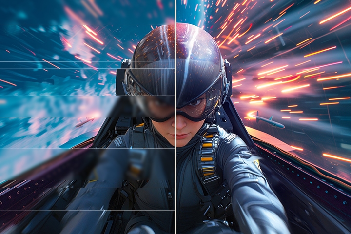 Split-screen image comparing screen tearing and stutter on the left with smooth, clear gameplay on the right, showing the effect of adaptive sync and high refresh rate	