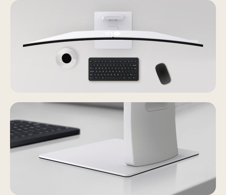 Split view showing the LG UltraWide monitor from a top-down angle with a curved display and minimal desk setup, alongside a close-up of the flat stand base for stable support.	
