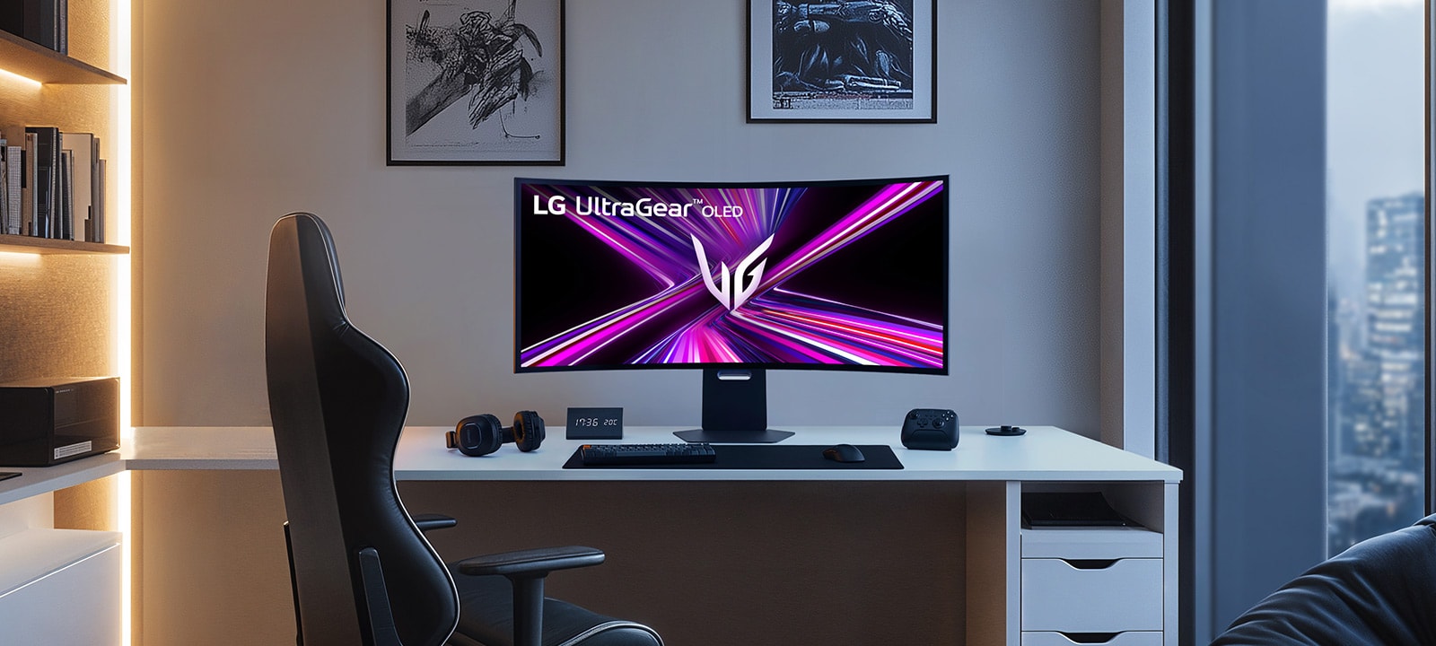 LG UltraGear OLED monitor setup on a gaming desk in a modern room.