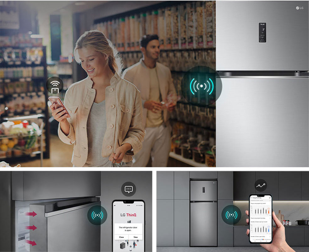This image is a combination of images describing three different functions. It combines images of remote control through WiFi-enabled devices, smart alerts through the smartphone app when the refrigerator door is opened, and images of refrigerator status being monitored through the smartphone app.