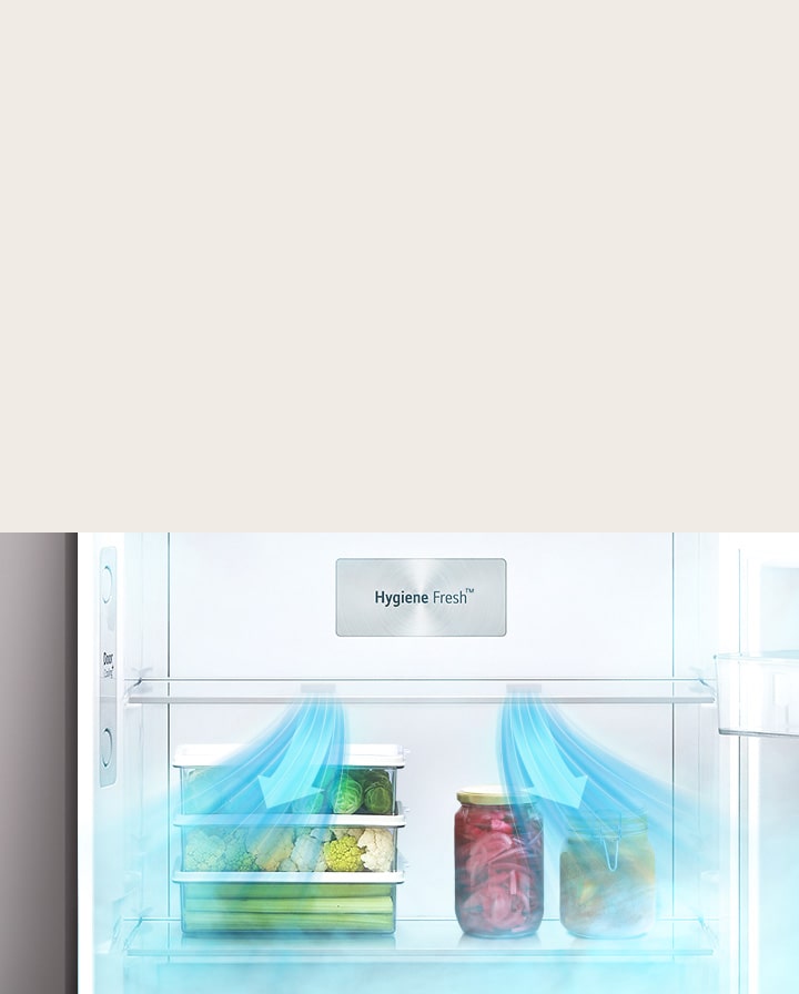 Close-up of LG Top Freezer fridge showing Hygiene Fresh compartment keeping vegetables and fruits fresh.