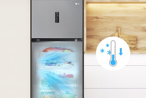 LG Top Freezer fridge with Smart Fresh Air tech lowers temperature by 1°C before peak hours for enhanced cooling.