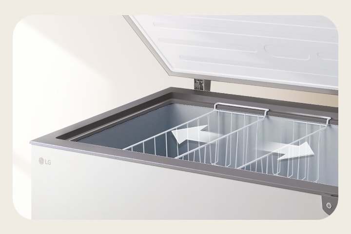 LG chest freezer basket neatly stores smaller items for quick, organized access