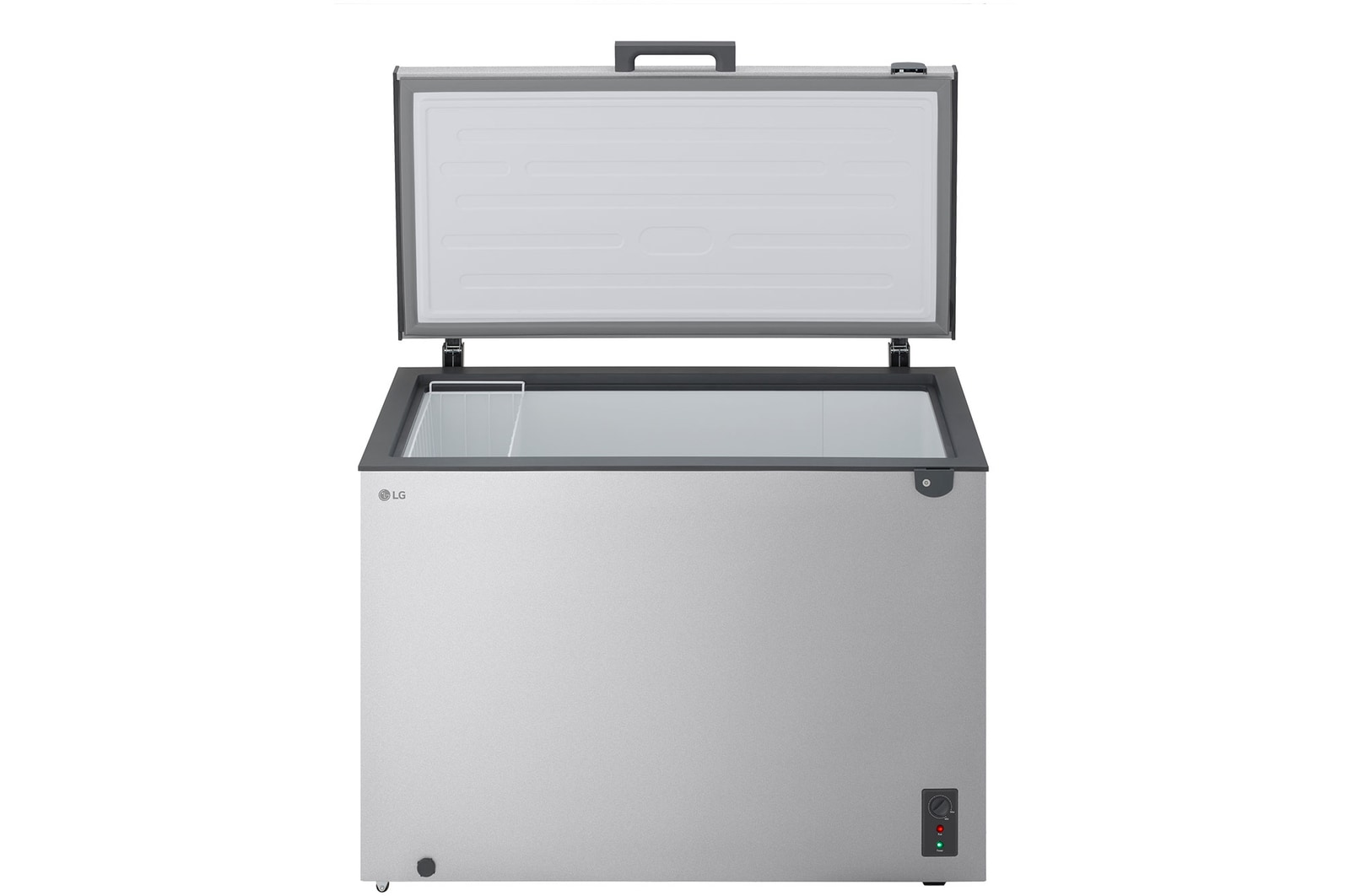 LG chest freezer side view showing door opening