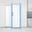 The front view of the refrigerator is shown in a kitchen. A blue square on the edge of the refrigerator and arrows highlight how it fits seamlessly into a standard kitchen.