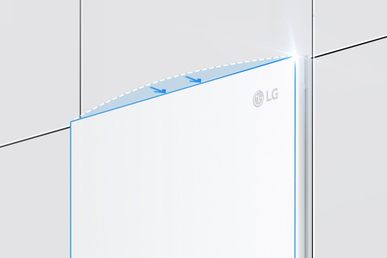 The top of the refrigerator is shown at an angle with two arrows pointing in toward the wall at the top edge indicating the refrigerator is flush with the cabinets surrounding it.