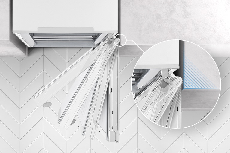 The top of the refrigerator is shown with the door swinging open and stopped at four different angles and a magnified inset of the hinge which never touches the wall it's next to.